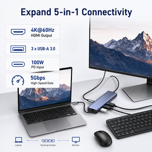 Hub USB C 5 en 1 HBC056M1, Adaptador <span class=keywords><strong>HDMI</strong></span> 4K*60Hz con 100W PD <span class=keywords><strong>y</strong></span> 5Gbps de Datos, 3 <span class=keywords><strong>Puertos</strong></span> USB 3.0, Base de Conexión de Aluminio para Laptop - Product Image 4