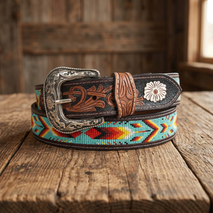 Western Genuine Leather Embroidered Beaded <b>Belt</b> Floral Pattern Silver Alloy Buckle <b>Vintage</b> Casual Durable Handcrafted Daily Use - Product Image 3