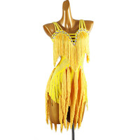 Robe de danse une pièce à double bretelle avec strass et pompons pour la compétition de danse latine