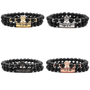 クラシックブラックビーズピース/セット天然ガラスストーンブレスレットメンズパヴェCZ8mmディスコボールチャームブレスレットレディースゴールドジュエリー - Product Image 5