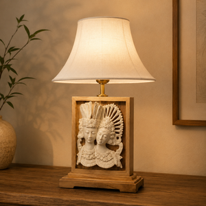Lampe de table dansante balinaise, base en bois, abat-jour couleur bois naturel, style asiatique moderne, durable, écologique, mobilier de maison, salle à manger - Product Image 5