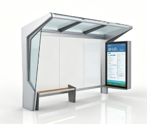 Abri <span class=keywords><strong>de</strong></span> bus moderne en verre trempé Rusuu Shanghai avec sièges extérieurs, dimensions personnalisées, cadre pour affiches et recharge USB - Product Image 1