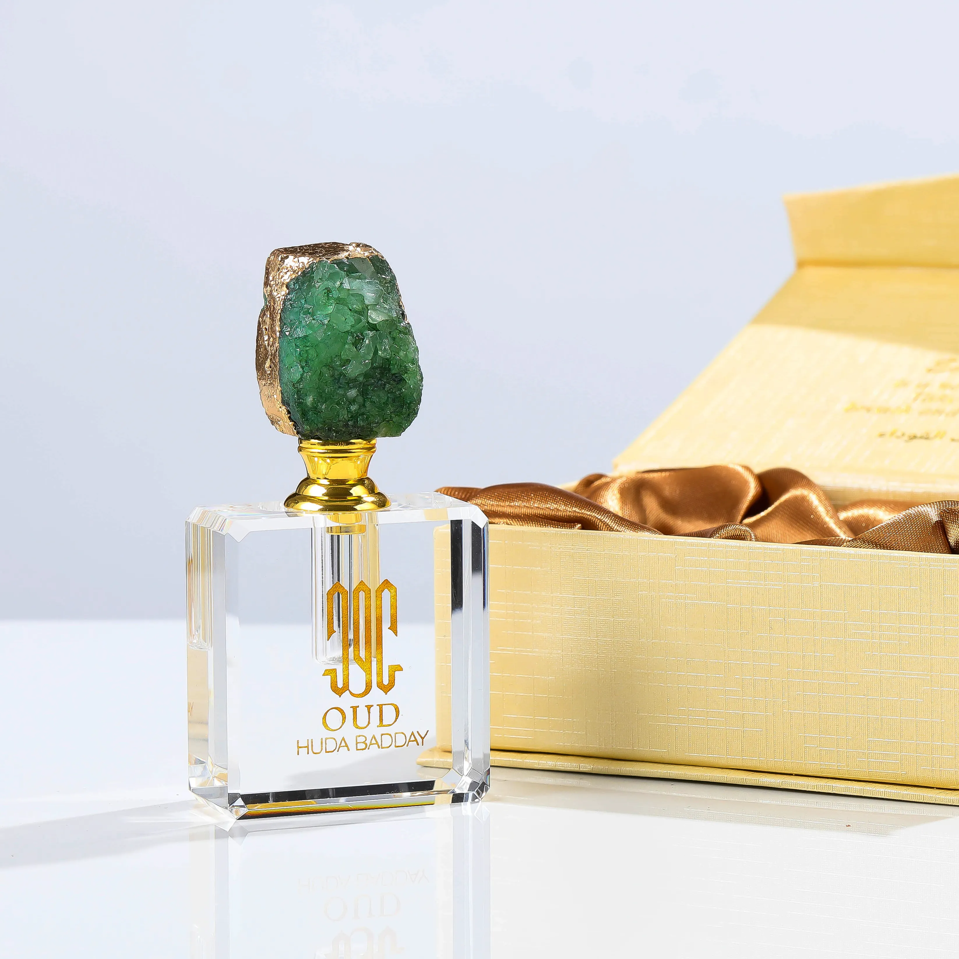 Frasco de embalagem de perfume Oud de cristal 3ml, tampa de pedra de ametista de ágata com caixa personalizada