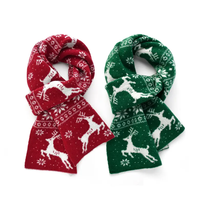 Elk Snow Flower Wool Scarf Women's Winter Men's Red Green scarfs Christmas New Year Gift adults scarves