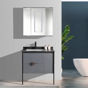 Fregadero de baño de madera contrachapada para montaje en suelo <span class=keywords><strong>con</strong></span> juego de gabinete <span class=keywords><strong>con</strong></span> pata Gabinete de almacenamiento de baño rústico Tocadores de baño <span class=keywords><strong>con</strong></span> espejo Led - Product Image 3