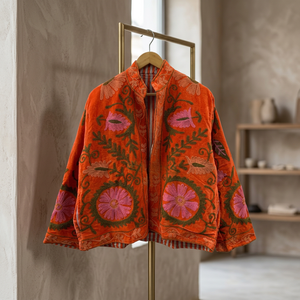 Veste bomber en velours doux orange artisanal indien traditionnel de luxe, unisexe, vêtements ethniques festifs, manteau d'hiver - Product Image 3