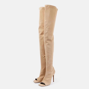 Western Summer Women Thigh High Side Zipper Boots Suede Over the Knee Square Open Toe High Heels Stiletto <b>Shoes</b> - Product Image 2