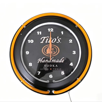 Horloge murale ronde en verre néon de 15 pouces, double anneau, tube néon en verre plié à la main, horloge à quartz illuminée, décoration rétro, horloge lumineuse