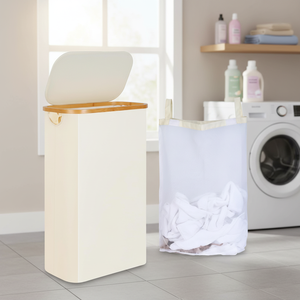 Cesto para Ropa Sucia con <span class=keywords><strong>Tapa</strong></span> de Bambú y Forro Extraíble, Cesto Minimalista Beige con <span class=keywords><strong>Tapa</strong></span> de Bambú para Hogar y Hotel - Product Image 3