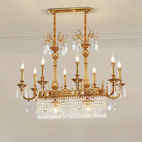 Lustre de salle à manger de style français, luxe, tout en cuivre, rond, avec cristaux LED, taille moyenne, pour villa, duplex, éclairage à bougies