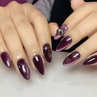 Lot de 10 faux ongles en acrylique faits à la main, forme amande, effet œil de chat, courts, avec colle, pré-dessinés, vente en gros