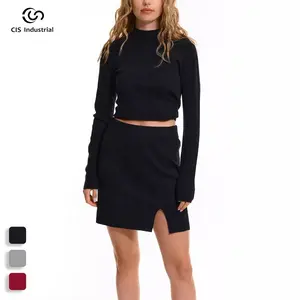 Custom sexy girls sweater dress with crop top and slit bodycon short skirt knitted cashmere wool two piece sweater set for women