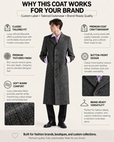 Manteau long sur mesure pour homme, OEM ODM, étiquette privée, mélange de laine texturée, boutons sur le devant, étiquette personnalisée pour les marques de mode
