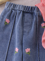 Nouvel ensemble deux pièces pour filles : Robe d'été en coton doux avec haut à petites manches volantées et nœud, et jean brodé floral style bébé