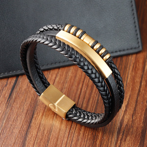 Men's Braided <b>Leather</b> <b>Bracelet</b> with 18K PVD Gold Plated Stainless Steel bar & Magnetic Clasp | Stylish Wristband for Casual Wear - Product Image 3