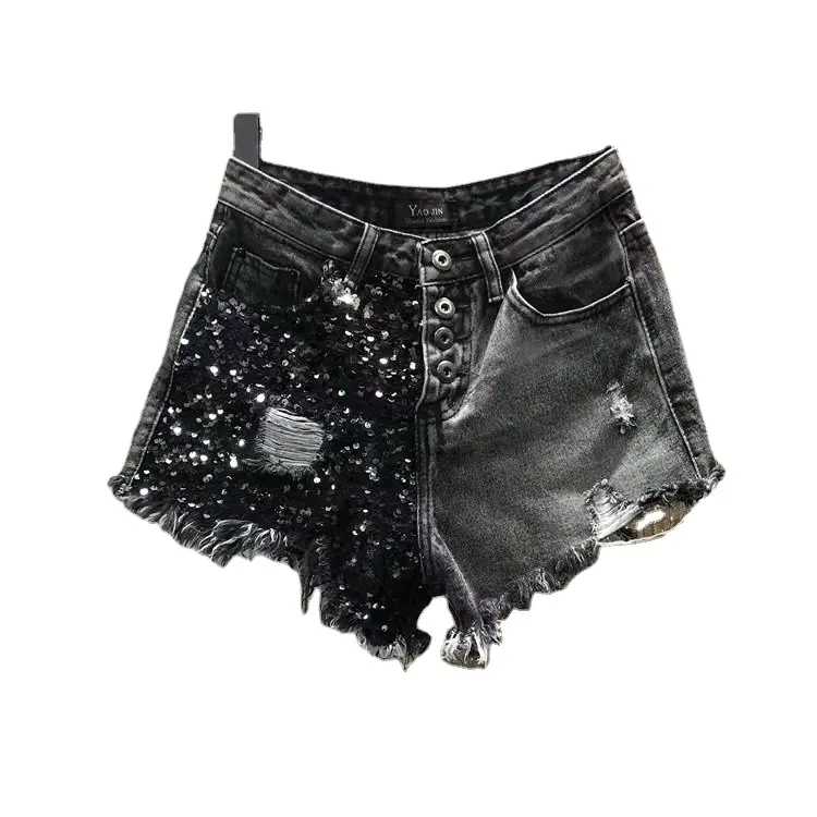 Beautiful Ripped Denim Shorts Women's Summer New High Waist Slimming Exquisite Rhinestone Short Jeans Pants Lady Hot Pants deni