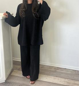 J-121新作秋コーデュロイ無地ラウンドネック女性長袖 + パンツイスラム教徒アバヤ女性2個セット - Product Image 4