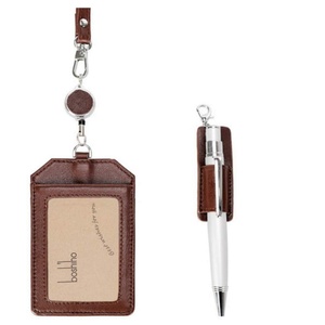 High Quality Genuine Leather Retractable <b>ID</b> Work Badge <b>Holder</b> With Pen <b>Holder</b> - Product Image 1
