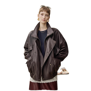 Chaqueta de Cuero Marrón Estilo Bomber Oversize Vintage, Abrigo de Invierno Holgado, Ropa Casual Urbana, Chaqueta Moto de Moda, Prenda Cálida - Product Image 2