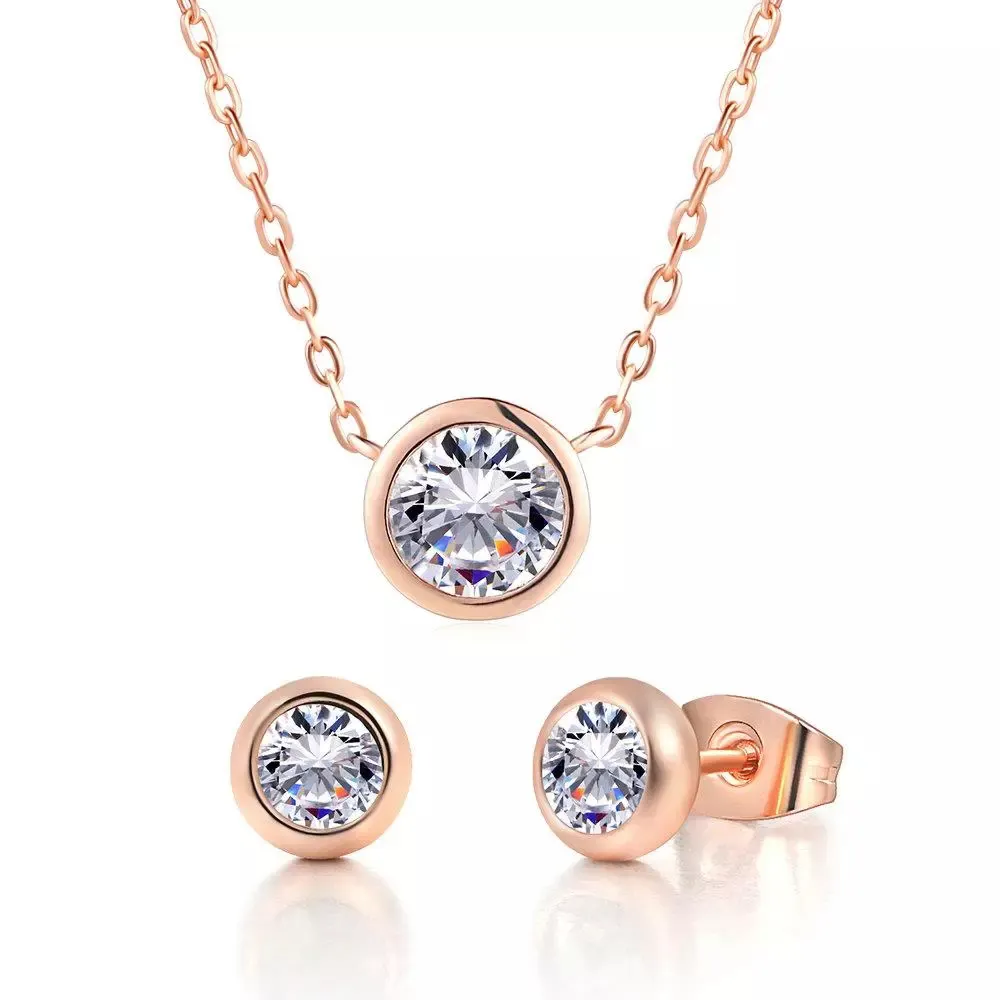 Women Classic Simple Style Round Shaped Cubic Zirconia Diamond Earring And Necklace Jewelry Set S370