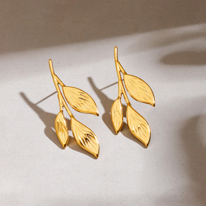 Leaf <b>Stud</b> <b>Earrings</b> 18K Gold Stainless Steel Plant Design Fashion Jewelry For Women - Product Image 2