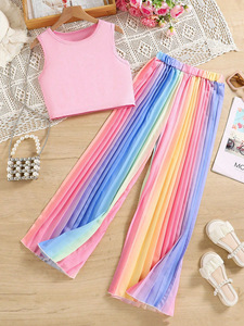 2025 estate abito Casual da ragazza europeo americano gilet corto senza maniche colorato <span class=keywords><strong>plissettato</strong></span> due pezzi Set di abbigliamento per ragazze - Product Image 2