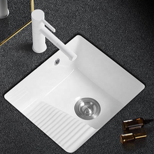 Lavabo rectangular de cerámica blanca para empotrar con 1 orificio y desagüe central para lavandería - Product Image 1