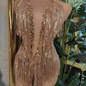 Style Vintage une pièce Jazz <span class=keywords><strong>danse</strong></span> body brillant strass gland franges et plumes Sexy scène interprète porter pour l'été - Product Image 1