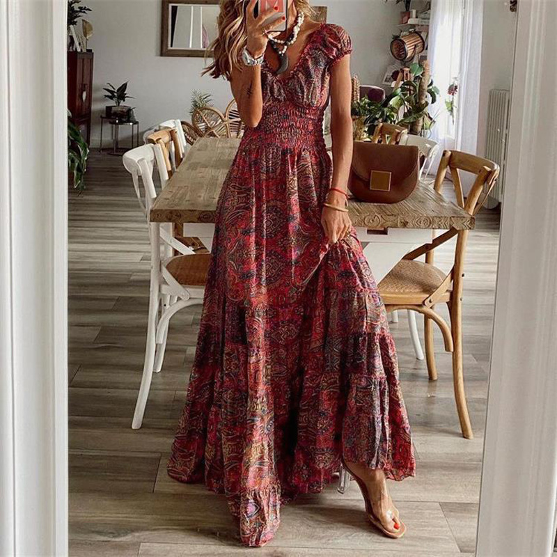 Europe Summer Floral Print V-neck Maxi Dress For Women