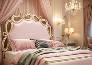 Premium Queen Size Pink Velvet Princess <b>Bed</b> With Gold Finish Bow Shaped Headboard For Kids Bedroom - Product Image 4