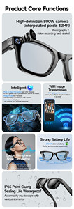 แว่นตาอัจฉริยะ AI กล้อง 8MP บันทึกวิดีโอ 1080P แปลภาษาแบบเรียลไทม์ ผู้ช่วยเสียงบลูทูธ แว่นตาอัจฉริยะ - Product Image 6
