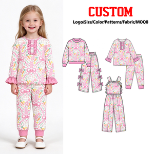 Tenues de Pâques personnalisées pour filles avec nœuds roses et imprimé de vacances, vente en gros, vêtements pour sœurs, prix d'usine, pantalons larges pour tout-petits - Product Image 1