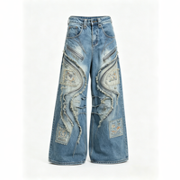 Jean déstructuré pour homme avec fermeture éclair ondulée, patchs, coutures effilochées, patchwork, coupe ample, jambe large, denim, mode streetwear avant-gardiste