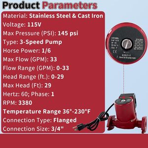 ปั๊มน้ำหมุนเวียน 1/6HP 115V 3 สปีด 33 GPM ระยะส่ง 29 ฟุต แบบหน้าแปลน 3/4 นิ้ว สำหรับระบบทำความร้อนแบบไฮโดรนิค - Product Image 1