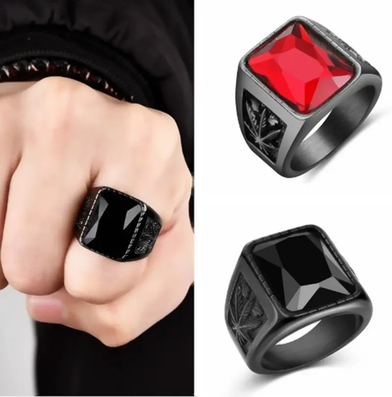 Wholesale Black Plated Men's Red Black Crystal Ruby Ring Maple Leaf Shape Ring