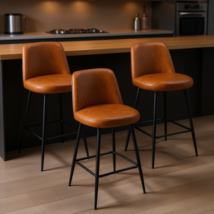 Set di 3 Sgabelli da Bar Moderni in Pelle PU con Gambe in Metallo, Marrone, per Cucina e Sala da Pranzo, Altezza Bancone, Senza Braccioli - Product Image 2