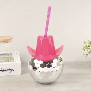Cowgirl Lids New Party Hat Cowboy Electroplated Glitter Cowgirl Style 500ml PS <b>Plastic</b> Disco Ball Drinking Cup with Straw - Product Image 3