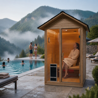 Sauna Luar Ruangan AsyvA Tech dari Kayu Solid, Inframerah Jauh, untuk Satu atau Dua Orang, Alat Pemancar Panas untuk Keluarga