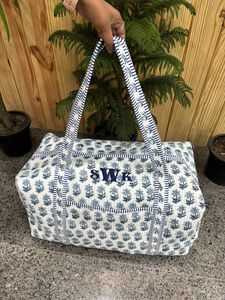 Premium Cotton Travel <b>Bag</b>, Handmade Quilted Fabric Duffle <b>Bag</b>, Block Printed Overnight <b>Bags</b>, Hand Luggage <b>Bags</b> for Women - Product Image 2