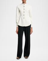 Veste blazer blanche personnalisable à col montant, boutons argentés, manches longues, taille ajustée, élégante pour le bureau