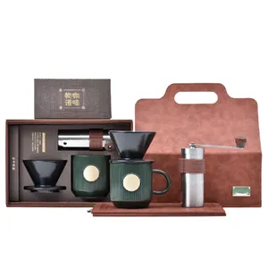 Business Handmade Coffee Set Bean Grinder+Ceramic Filter Cup+Ceramic Coffee Cup+Handheld Box Customized Gift from Company