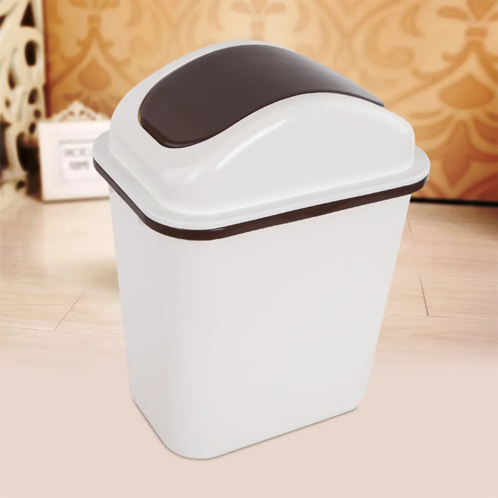 Caja de plástico para baño, cubo de basura cubierto para hotel, color blanco y marrón, 15L