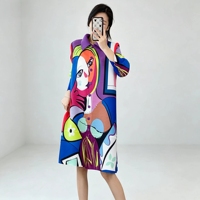 Robe chemise plissée Miyake ample à imprimé visage abstrait, livraison rapide, taille unique, grandes tailles