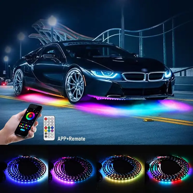 4pcs Car Underglow Neon Accent Strip Light Kit 8 Color Sound Active Function APP/Remote Control 6pcs LED System Light Strip