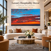 Grande peinture à l'huile abstraite, ciel rouge coucher de soleil, nuages cramoisies, horizon bleu orange, peinture sur toile peinte à la main, art mural