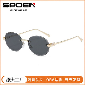 Retro Round <b>Rimless</b> <b>Sunglasses</b> UV400 Unisex Sun Protection Adult Fashion Green Lenses - Product Image 5