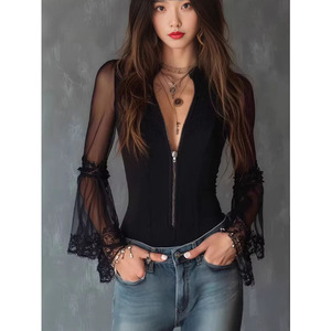 <span class=keywords><strong>Camiseta</strong></span> negra de cuello redondo, estilo vintage, con cremallera, de <span class=keywords><strong>tul</strong></span>, para primavera, de punto liso, con estampado por descarga, a la moda, de corte ajustado. - Product Image 1