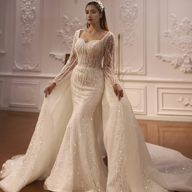 white sequin gown with train