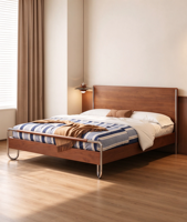 Lit double moderne en chêne massif avec tête de lit en tissu – Mobilier de chambre à coucher pour appartement et salon