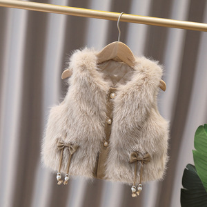 Chaleco Cálido y Peludo para Otoño e Invierno para Bebé Niña, Ropa Exterior Linda y Moderna con Decoración de Lazo y Perlas - Product Image 2